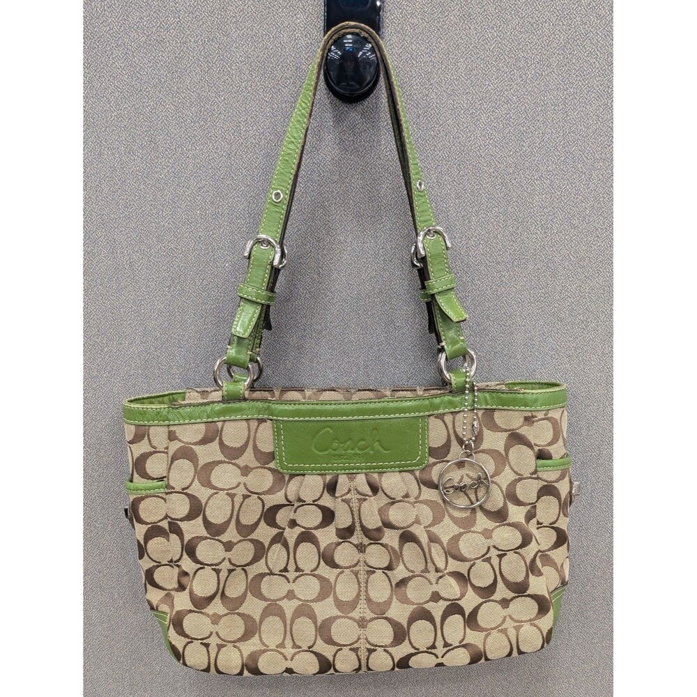 Vintage Coach Signature Pleated East West Gallery Tote, Olive Green, Tan, Brown